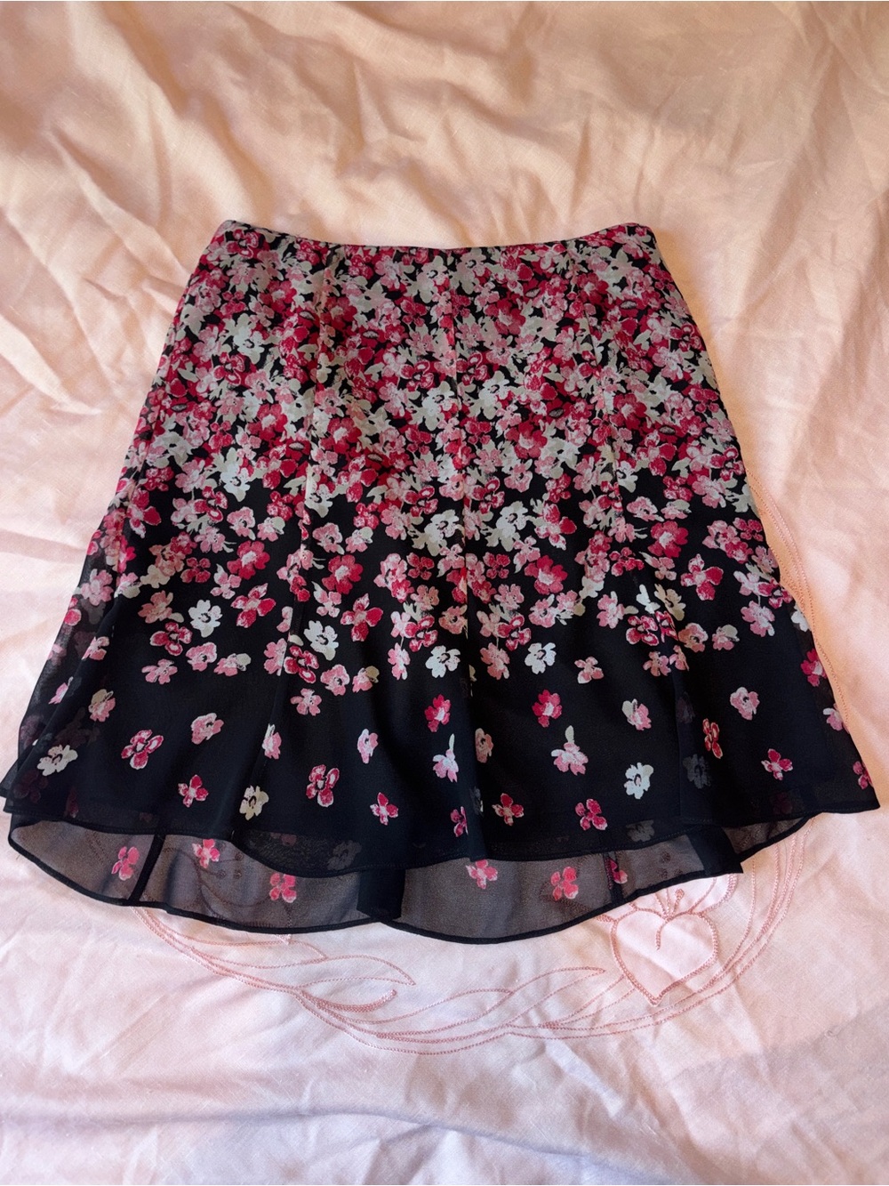 Floral Chiffon A-Line Skirt - Black with Pink & White Flowers